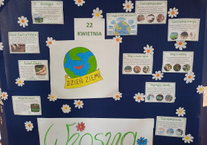 Plakat informacyjny z okazji Dnia Ziemi. Zawiera kolorowe ilustracje i krótkie informacje na temat ochrony środowiska.