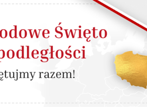 Grafika przedstawiająca czerwony napis "Narodowe Święto Niepodległości" na białym tle. Widoczny jest również czarny napis "Świętujmy razem"