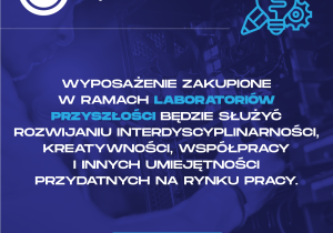 Plakat informacyjny o programie "Laboratoria Przyszłości". Na niebieskim tle znajduje się napis "Laboratoria Przyszłości". W centralnej części plakatu znajduje się informacja, że wyposażenie zakupione w ramach programu będzie służyć rozwojowi umiejętności przydatnych na rynku pracy.
