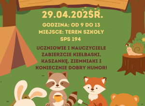 Plakat promujący szkolne wydarzenie - ognisko, na plakacie widoczne są zwierzęta: zając, szop, lis, niedźwiedź siedzące przy ognisku w lesie na zielonym tle