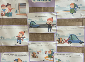 Zbiór grafik przedstawiających hasła dotyczących Bezpiecznych Ferii Zimowych