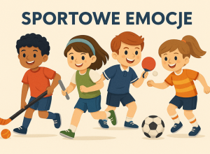 Obrazek przedstawiający grupę dzieci z różnymi akcesoriami sportowymi