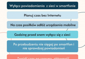 Kolorowa infografika z zaleceniami dotyczącymi higieny cyfrowej zawierająca sześć punktów z zaleceniami dotyczącymi utrzymania higieny cyfrowej.